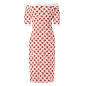 <span class="stc" style="color:#b0e2d7;">Off The Shoulder Pencil Dress</span><br>オフショルダー<br>6分袖 ペンシルドレス<br><span class="stb">(ギンガムチェック : レッド)</span>