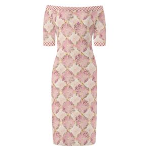 <span class="stc" style="color:#b0e2d7;">Off The Shoulder Pencil Dress</span><br>オフショルダー<br>6分袖 ペンシルドレス<br><span class="stb">(フローラルチェック : ピンク)</span>