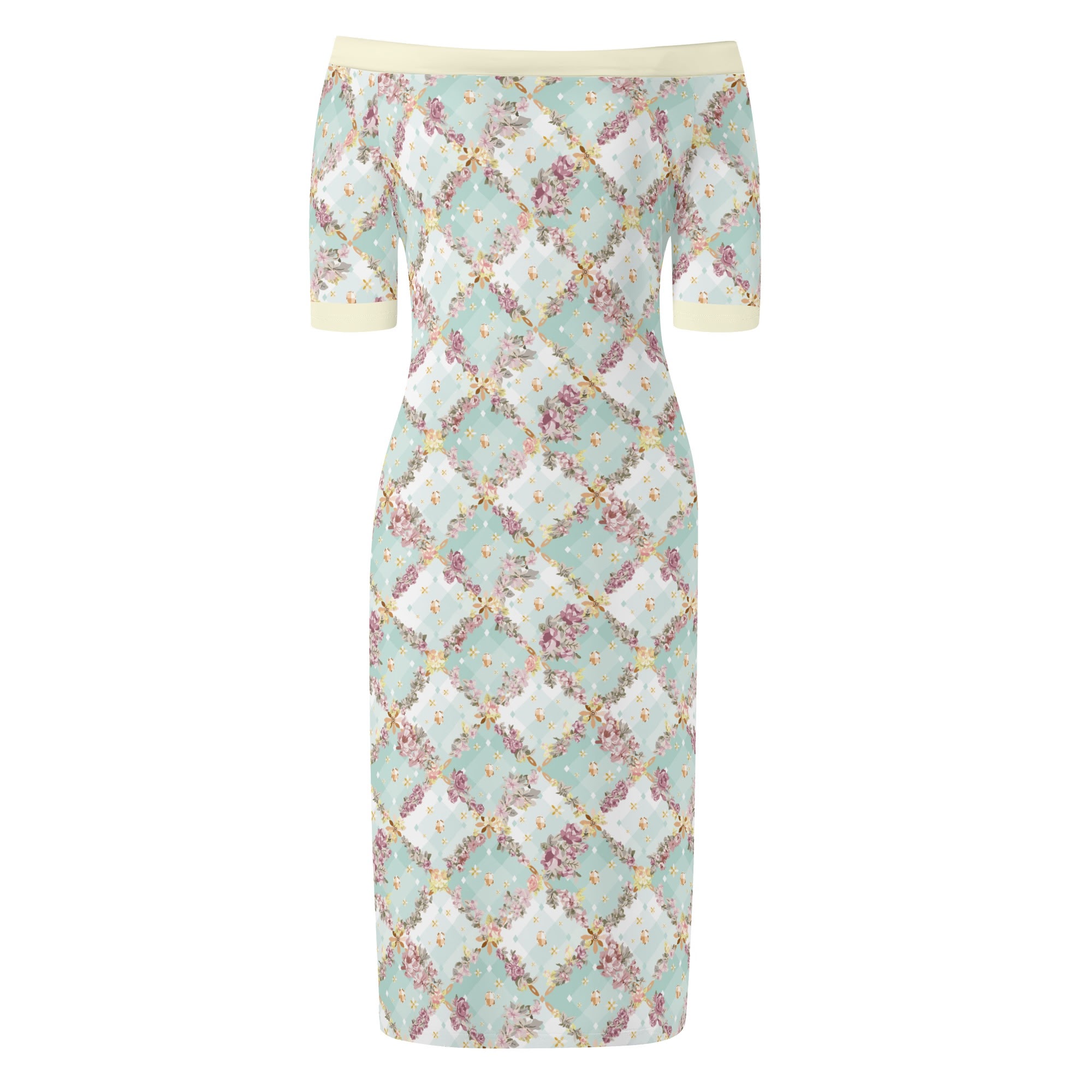 <span class="stc" style="color:#b0e2d7;">Off The Shoulder Pencil Dress</span><br>オフショルダー<br>6分袖 ペンシルドレス<br><span class="stb">(フローラルチェック : ブルー)</span>