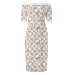 <span class="stc" style="color:#b0e2d7;">Off The Shoulder Pencil Dress</span><br>オフショルダー<br>6分袖 ペンシルドレス<br><span class="stb">(フローラルチェック : グレー)</span>