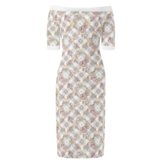 <span class="stc" style="color:#b0e2d7;">Off The Shoulder Pencil Dress</span><br>オフショルダー<br>6分袖 ペンシルドレス<br><span class="stb">(フローラルチェック : グレー)</span>