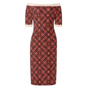 <span class="stc" style="color:#b0e2d7;">Off The Shoulder Pencil Dress</span><br>オフショルダー<br>6分袖 ペンシルドレス<br><span class="stb">(アーガイル : レッド)</span>