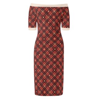 <span class="stc" style="color:#b0e2d7;">Off The Shoulder Pencil Dress</span><br>オフショルダー<br>6分袖 ペンシルドレス<br><span class="stb">(アーガイル : レッド)</span>