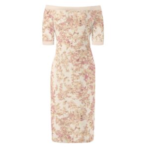 <span class="stc" style="color:#b0e2d7;">Off The Shoulder Pencil Dress</span><br>オフショルダー<br>6分袖 ペンシルドレス<br><span class="stb">(フローラル : ピンクベージュ)</span>