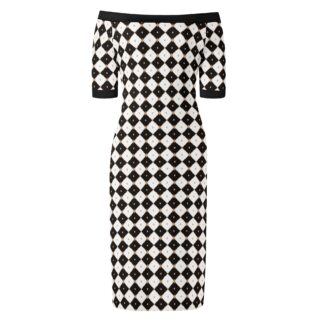 <span class="stc" style="color:#b0e2d7;">Off The Shoulder Pencil Dress</span><br>オフショルダー<br>6分袖 ペンシルドレス<br><span class="stb">(ロイヤルチェック : ブラック)</span>