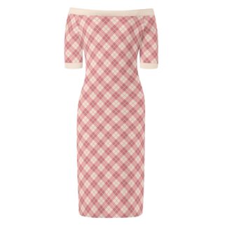 <span class="stc" style="color:#b0e2d7;">Off The Shoulder Pencil Dress</span><br>オフショルダー<br>6分袖 ペンシルドレス<br><span class="stb">(アーガイル : ピンク)</span>