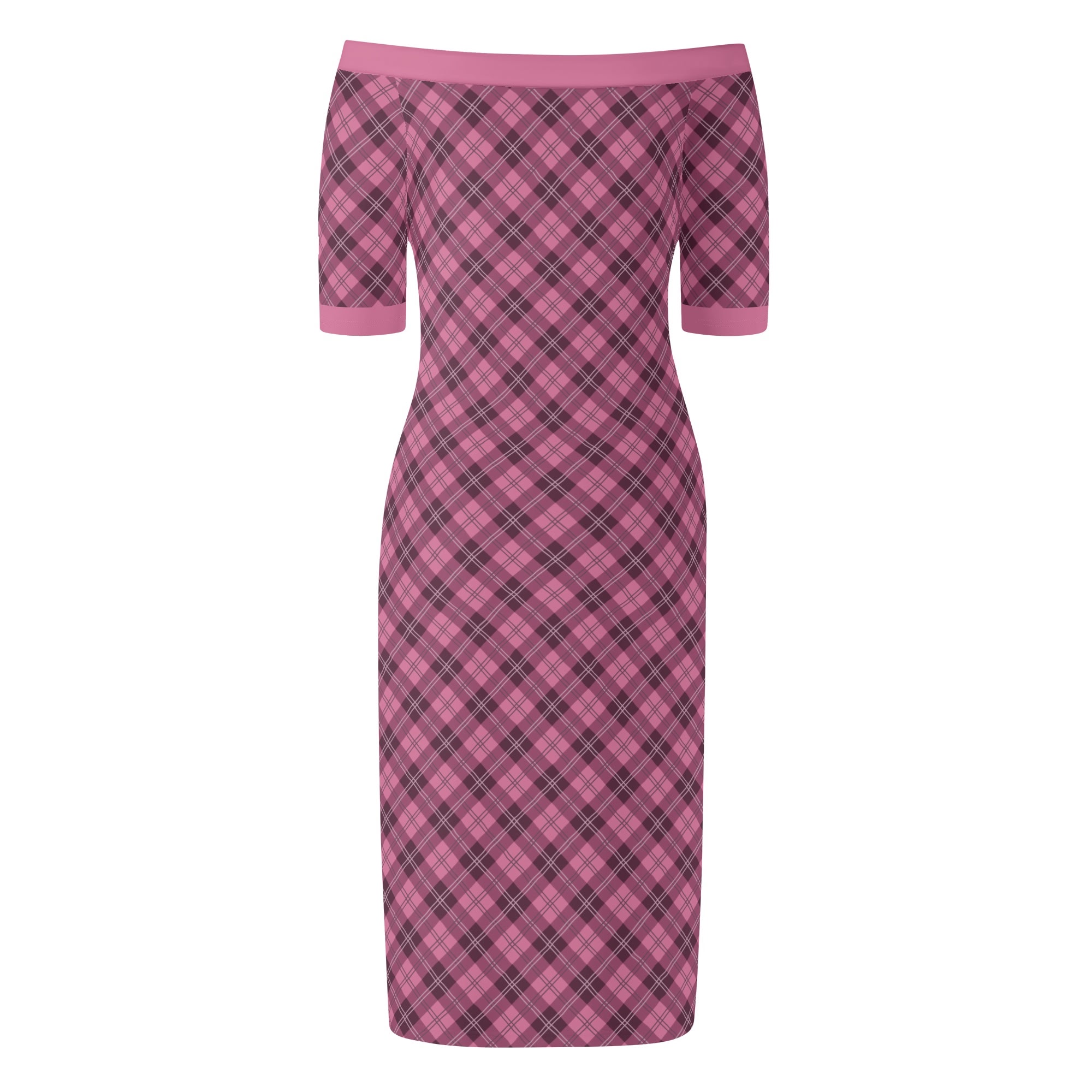 <span class="stc" style="color:#b0e2d7;">Off The Shoulder Pencil Dress</span><br>オフショルダー<br>6分袖 ペンシルドレス<br><span class="stb">(アーガイル : ダークピンク)</span> - 画像 (2)