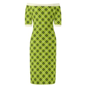 <span class="stc" style="color:#b0e2d7;">Off The Shoulder Pencil Dress</span><br>オフショルダー<br>6分袖 ペンシルドレス<br><span class="stb">(アーガイル : グリーン)</span>