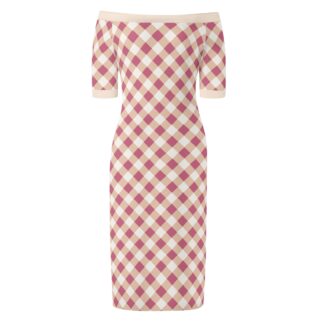 <span class="stc" style="color:#b0e2d7;">Off The Shoulder Pencil Dress</span><br>オフショルダー<br>6分袖 ペンシルドレス<br><span class="stb">(ギンガムチェック : ピンクベージュ)</span>