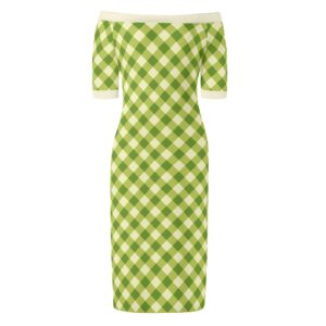 <span class="stc" style="color:#b0e2d7;">Off The Shoulder Pencil Dress</span><br>オフショルダー<br>6分袖 ペンシルドレス<br><span class="stb">(ギンガムチェック : ライムグリーン)</span>