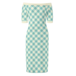 <span class="stc" style="color:#b0e2d7;">Off The Shoulder Pencil Dress</span><br>オフショルダー<br>6分袖 ペンシルドレス<br><span class="stb">(ギンガムチェック : ターコイズクリーム)</span>