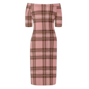 <span class="stc" style="color:#b0e2d7;">Off The Shoulder Pencil Dress</span><br>オフショルダー<br>6分袖 ペンシルドレス<br><span class="stb">(タータンチェック : ピンクブラウン)</span>