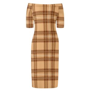 <span class="stc" style="color:#b0e2d7;">Off The Shoulder Pencil Dress</span><br>オフショルダー<br>6分袖 ペンシルドレス<br><span class="stb">(タータンチェック : ベージュブラウン)</span>