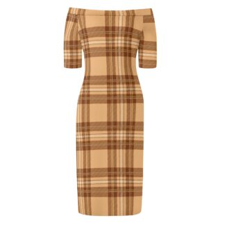 <span class="stc" style="color:#b0e2d7;">Off The Shoulder Pencil Dress</span><br>オフショルダー<br>6分袖 ペンシルドレス<br><span class="stb">(タータンチェック : ベージュブラウン)</span>