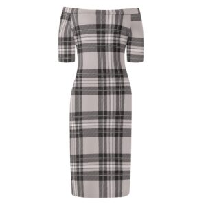 <span class="stc" style="color:#b0e2d7;">Off The Shoulder Pencil Dress</span><br>オフショルダー<br>6分袖 ペンシルドレス<br><span class="stb">(タータンチェック : グレー)</span>