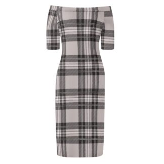 <span class="stc" style="color:#b0e2d7;">Off The Shoulder Pencil Dress</span><br>オフショルダー<br>6分袖 ペンシルドレス<br><span class="stb">(タータンチェック : グレー)</span>