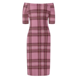 <span class="stc" style="color:#b0e2d7;">Off The Shoulder Pencil Dress</span><br>オフショルダー<br>6分袖 ペンシルドレス<br><span class="stb">(タータンチェック : ピンク)</span>