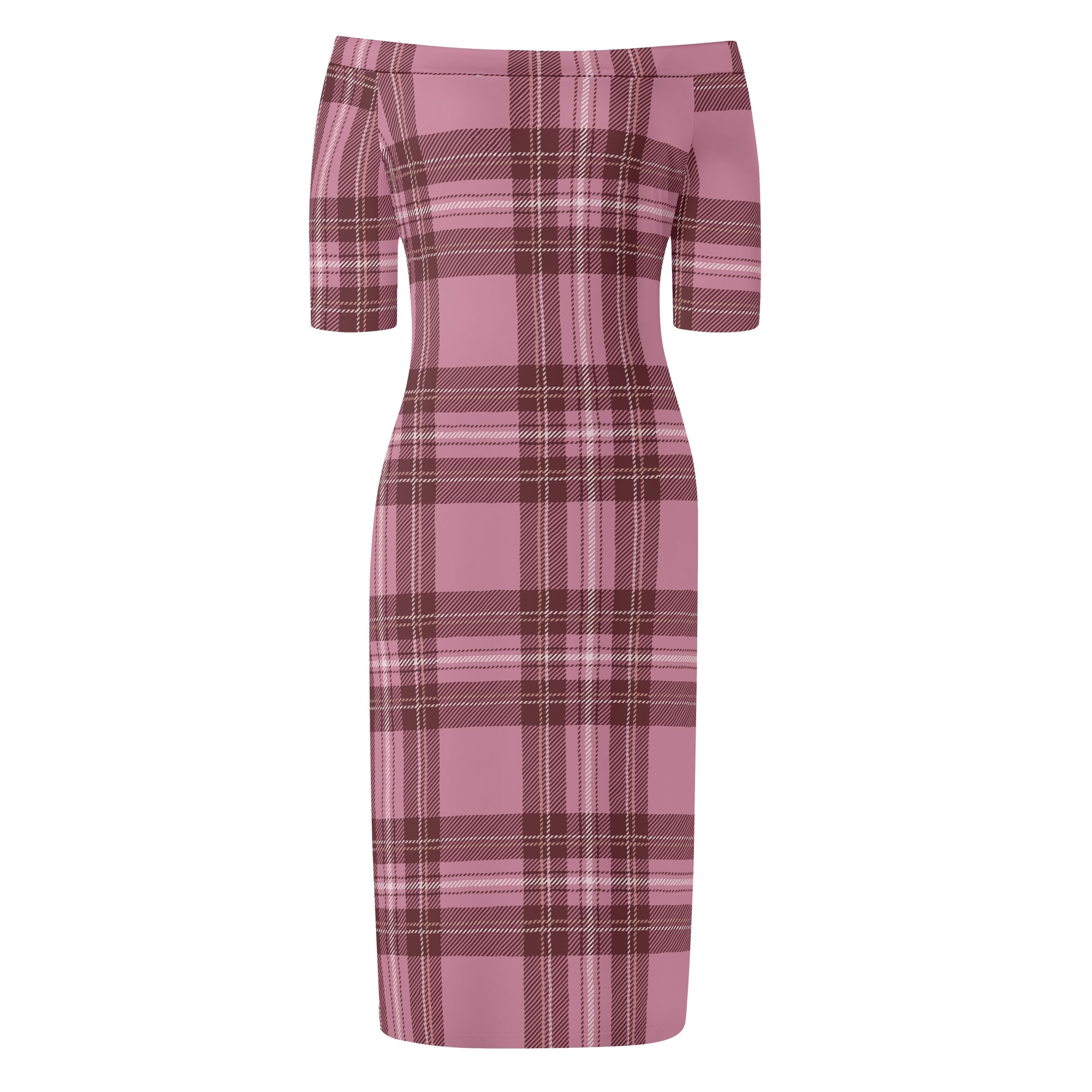 <span class="stc" style="color:#b0e2d7;">Off The Shoulder Pencil Dress</span><br>オフショルダー<br>6分袖 ペンシルドレス<br><span class="stb">(タータンチェック : ピンク)</span>