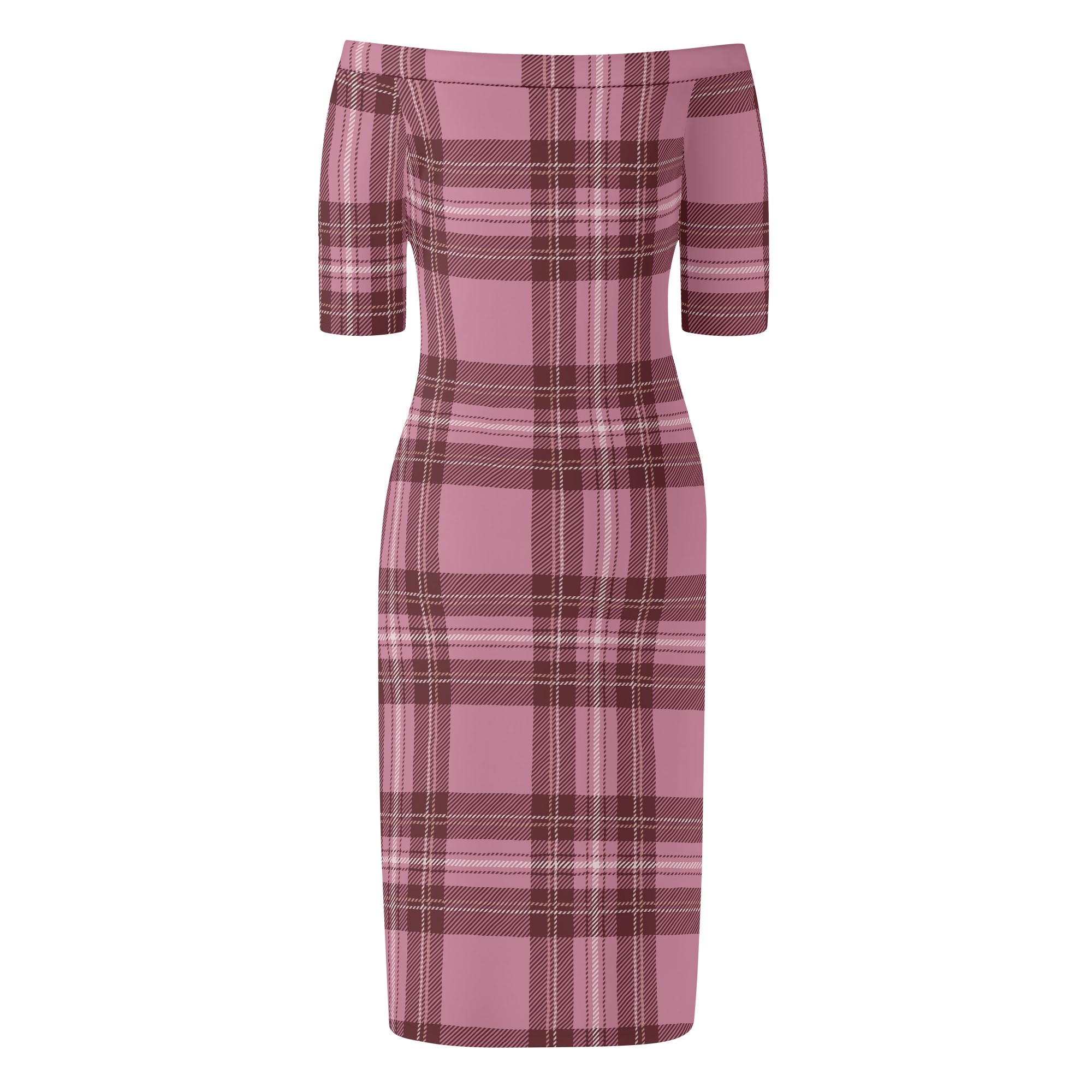 <span class="stc" style="color:#b0e2d7;">Off The Shoulder Pencil Dress</span><br>オフショルダー<br>6分袖 ペンシルドレス<br><span class="stb">(タータンチェック : ピンク)</span> - 画像 (2)