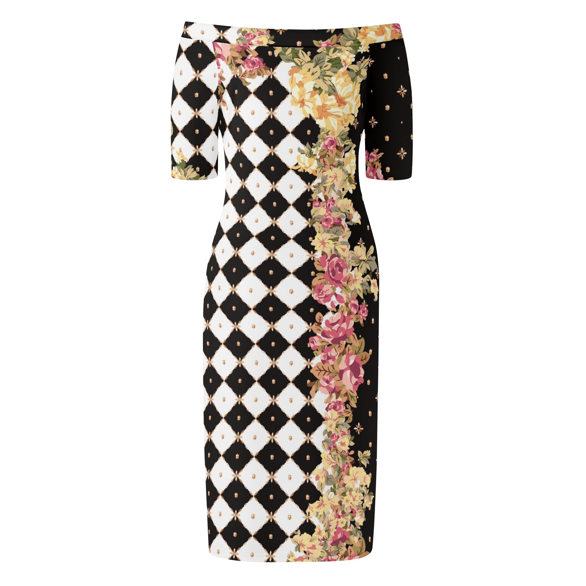 <span class="stc" style="color:#b0e2d7;">Off The Shoulder Pencil Dress</span><br>オフショルダー<br>6分袖 ペンシルドレス<br><span class="stb">(ロイヤルチェック : ブラック)</span> - 画像 (2)