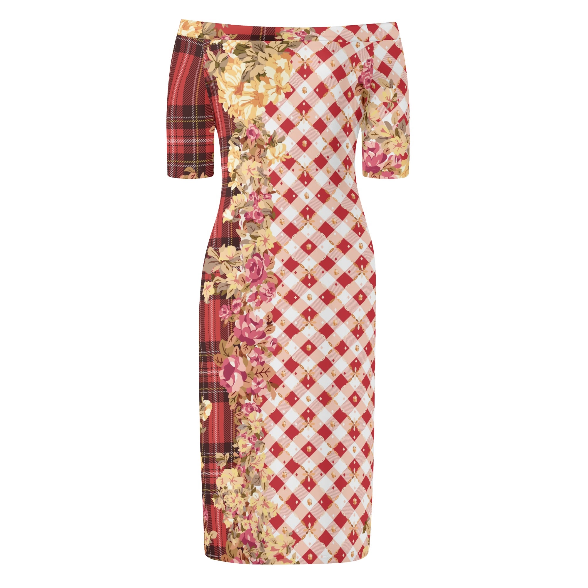 <span class="stc" style="color:#b0e2d7;">Off The Shoulder Pencil Dress</span><br>オフショルダー<br>6分袖 ペンシルドレス<br><span class="stb">(ギンガム&タータンチェック : レッド)</span>