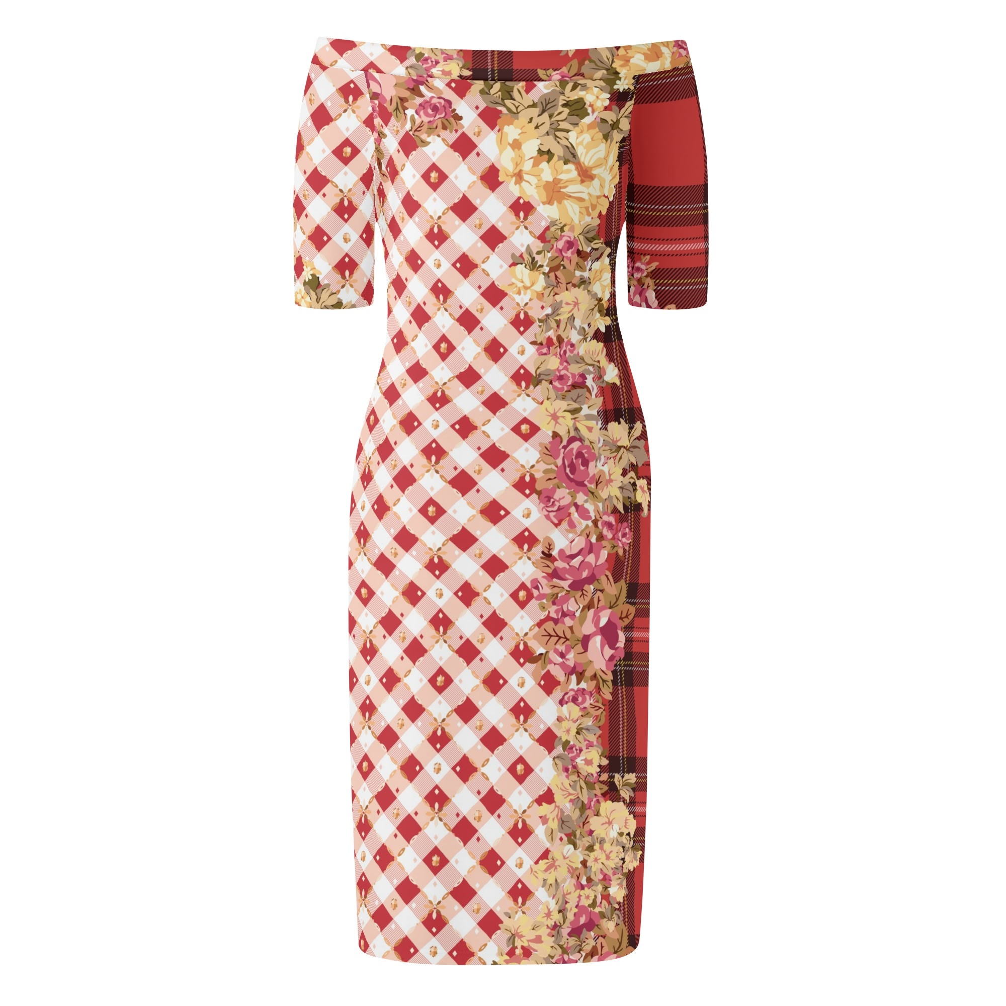 <span class="stc" style="color:#b0e2d7;">Off The Shoulder Pencil Dress</span><br>オフショルダー<br>6分袖 ペンシルドレス<br><span class="stb">(ギンガム&タータンチェック : レッド)</span> - 画像 (2)