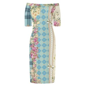 <span class="stc" style="color:#b0e2d7;">Off The Shoulder Pencil Dress</span><br>オフショルダー<br>6分袖 ペンシルドレス<br><span class="stb">(チェック&タータンマジック : ブルー)</span>