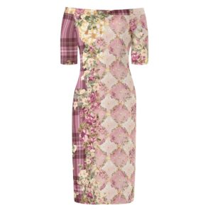 <span class="stc" style="color:#b0e2d7;">Off The Shoulder Pencil Dress</span><br>オフショルダー<br>6分袖 ペンシルドレス<br><span class="stb">(タータンフローラルチェック : ピンク)</span>