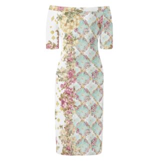 <span class="stc" style="color:#b0e2d7;">Off The Shoulder Pencil Dress</span><br>オフショルダー<br>6分袖 ペンシルドレス<br><span class="stb">(フローラルチェック&マジックナイト : ホワイトブルー)</span>