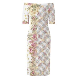 <span class="stc" style="color:#b0e2d7;">Off The Shoulder Pencil Dress</span><br>オフショルダー<br>6分袖 ペンシルドレス<br><span class="stb">(フローラルチェック&マジックナイト : ホワイトグレー)</span>