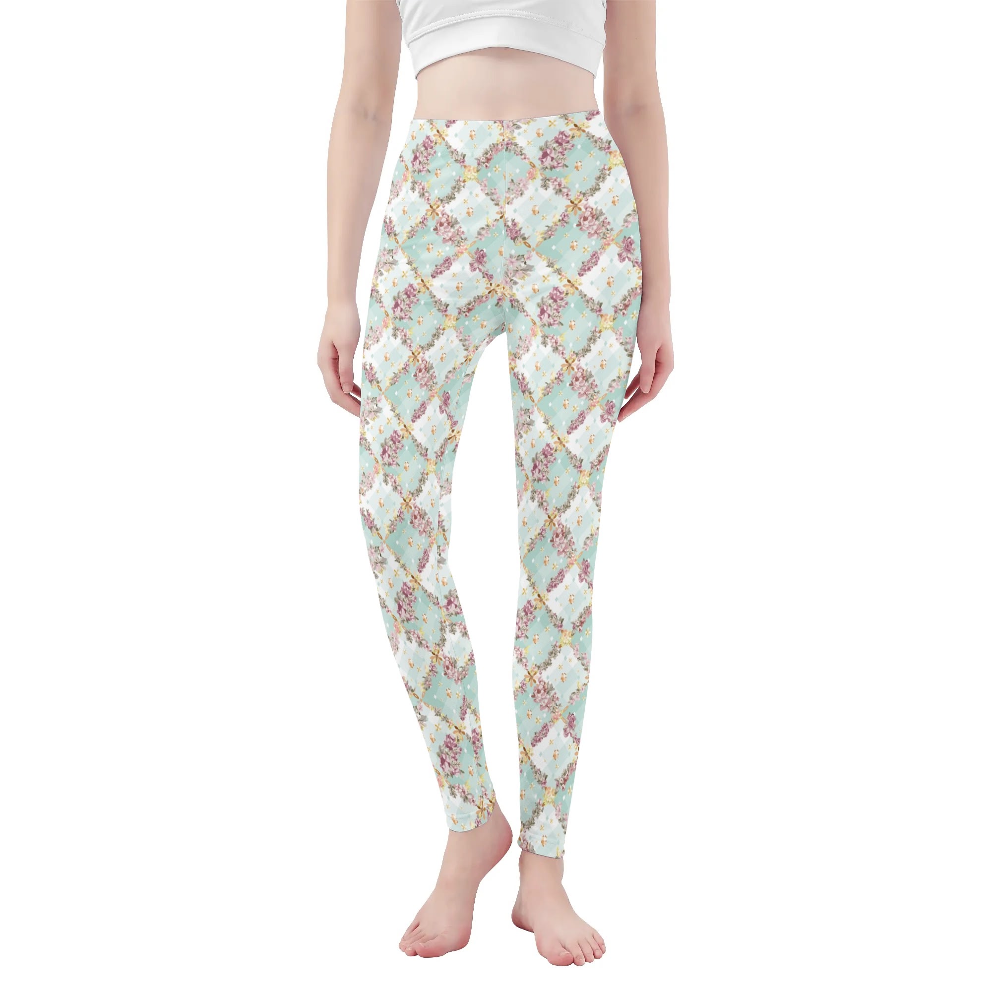 <span class="stc" style="color:#b0e2d7;">Leggings Yoga Pants</span><br>ヨガウェア レギンス<br><span class="stb">(フローラルチェック : ブルー)</span>