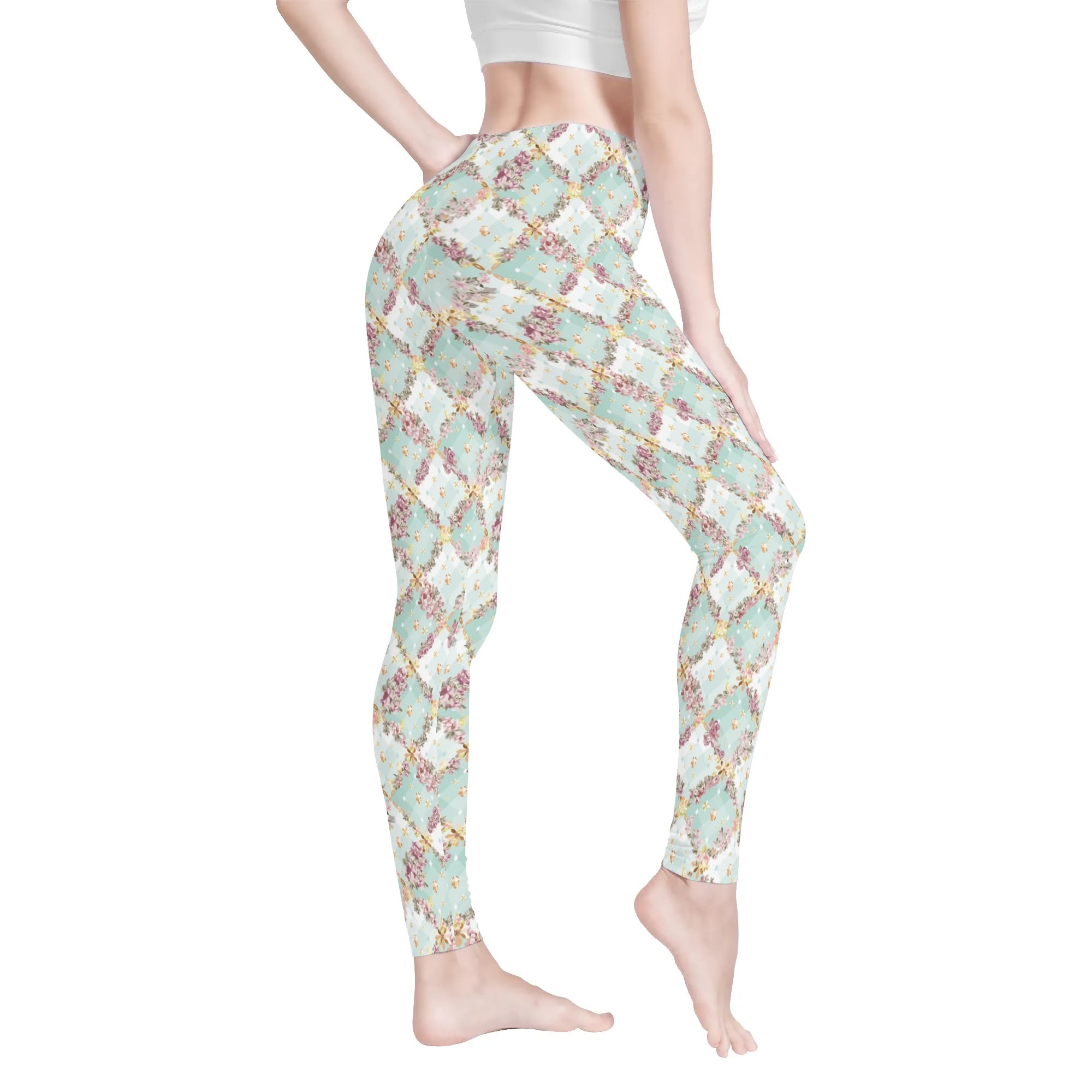 <span class="stc" style="color:#b0e2d7;">Leggings Yoga Pants</span><br>ヨガウェア レギンス<br><span class="stb">(フローラルチェック : ブルー)</span> - 画像 (2)