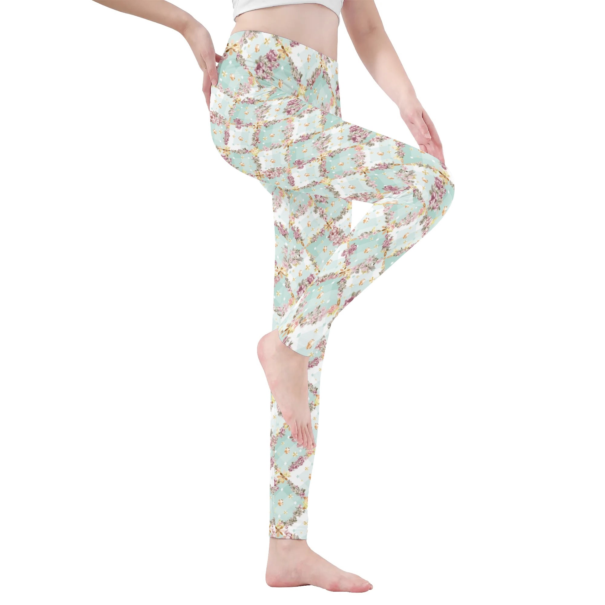 <span class="stc" style="color:#b0e2d7;">Leggings Yoga Pants</span><br>ヨガウェア レギンス<br><span class="stb">(フローラルチェック : ブルー)</span> - 画像 (3)