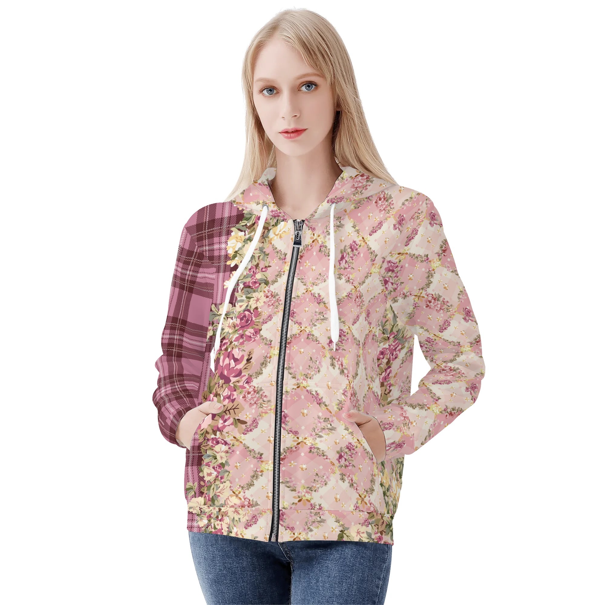 <span class="stc" style="color:#b0e2d7;">Zip Up Hoodie Jacket</span><br>ジップアップパーカー<br><span class="stb">(タータンフローラルチェック : ピンク)</span>