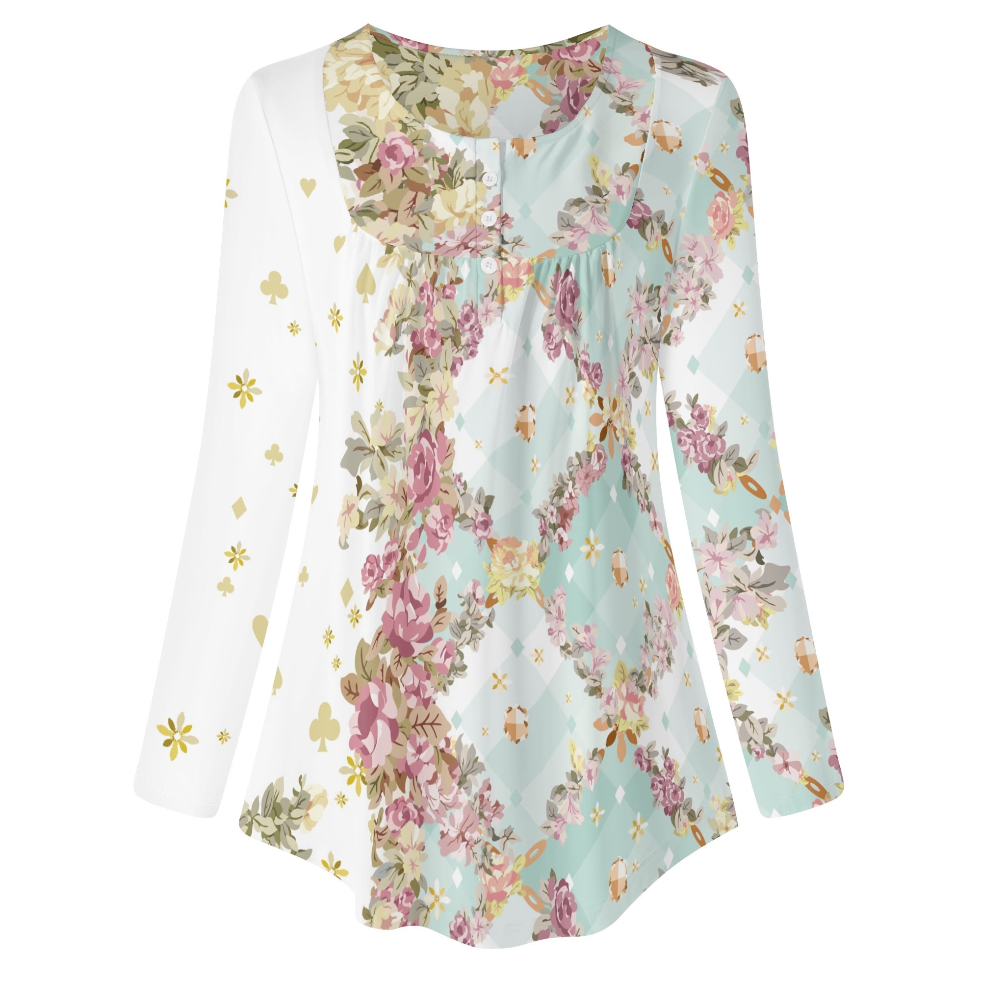 <span class="stc" style="color:#b0e2d7;">Long Sleeve Tunic</span><br>チュニック 長袖<br><span class="stb">(フローラルチェック&マジックナイト : ホワイトブルー)</span>