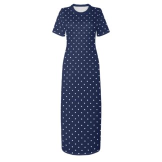 <span class="stc" style="color:#b0e2d7;">T-shirt Long Dresses</span><br>マキシ丈<br>Tシャツワンピース<br><span class="stb">(水玉 : ネイビーブルー)</span>