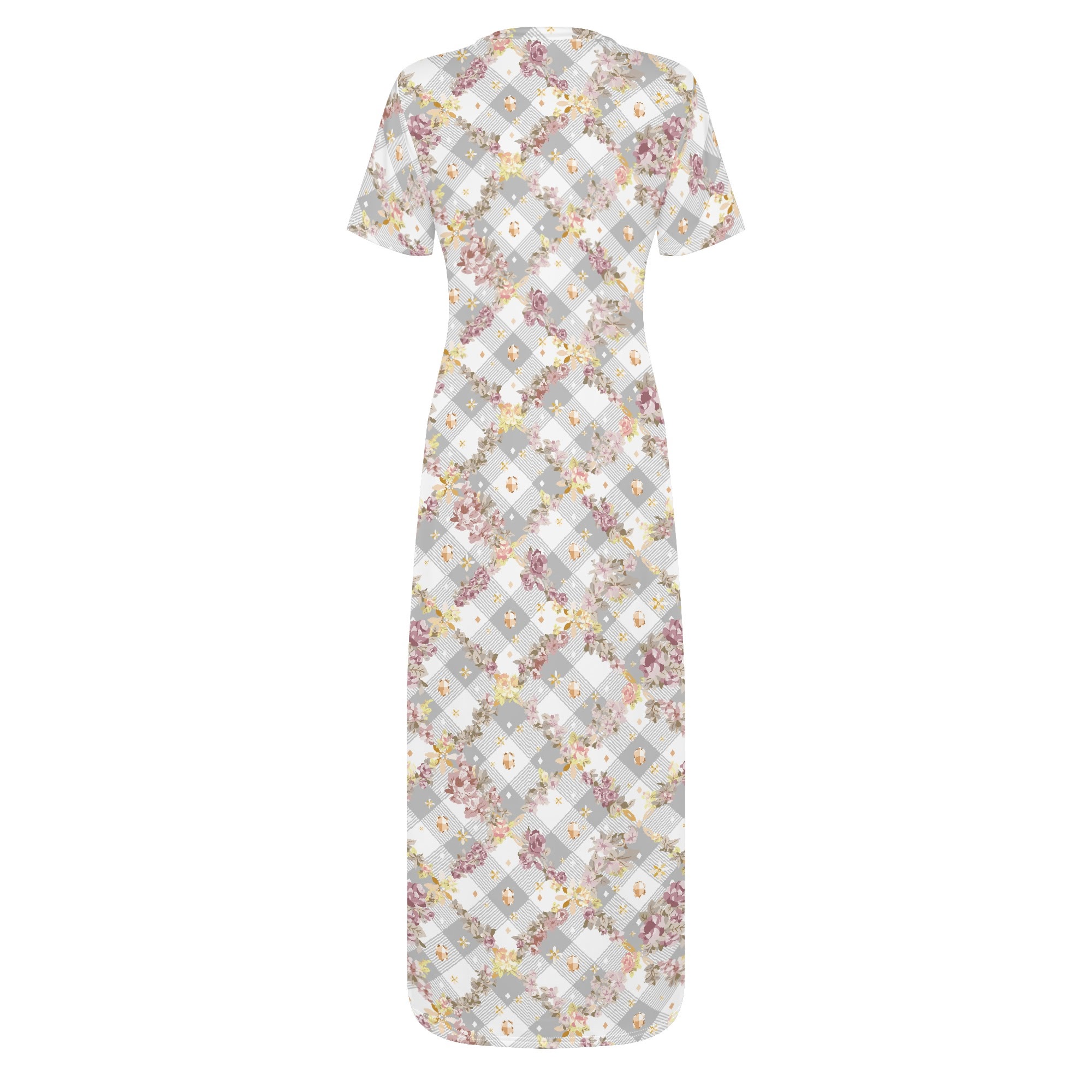 <span class="stc" style="color:#b0e2d7;">T-shirt Long Dresses</span><br>マキシ丈<br>Tシャツワンピース<br><span class="stb">(フローラルチェック : グレー)</span> - 画像 (2)