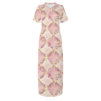 <span class="stc" style="color:#b0e2d7;">T-shirt Long Dresses</span><br>マキシ丈<br>Tシャツワンピース<br><span class="stb">(フローラルチェック : ピンク)</span>