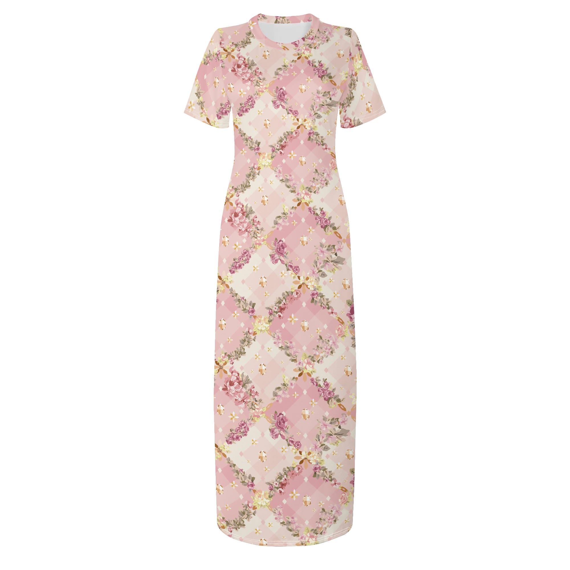 <span class="stc" style="color:#b0e2d7;">T-shirt Long Dresses</span><br>マキシ丈<br>Tシャツワンピース<br><span class="stb">(フローラルチェック : ピンク)</span>